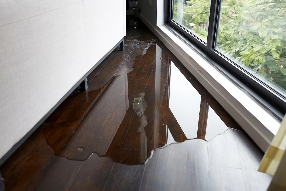 Water damage on hardwood floor caused by window leak