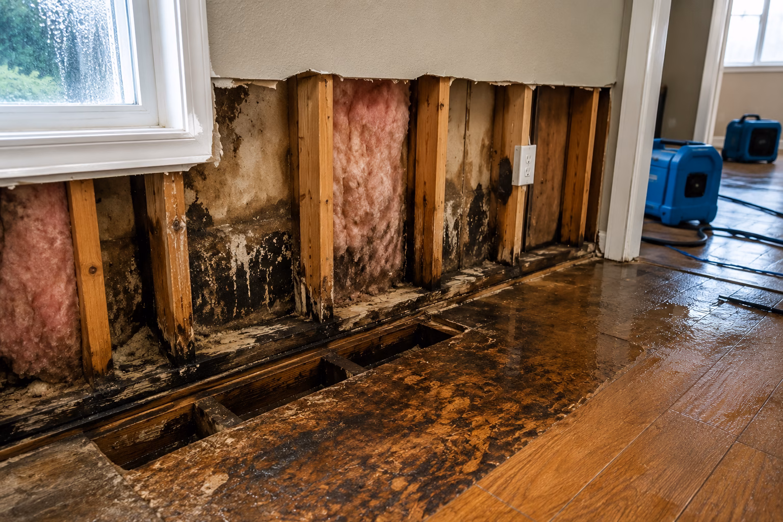 water damage restoration after residential flooding around home exterior