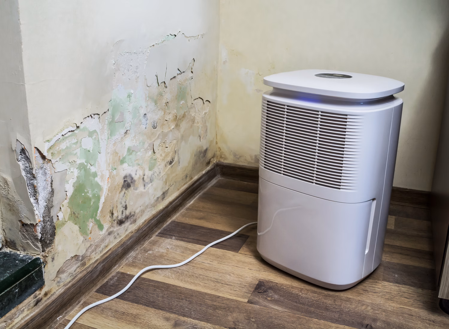 Dehumidifier running beside a water-damaged wall with peeling paint and mold during structural drying in Camas, WA.